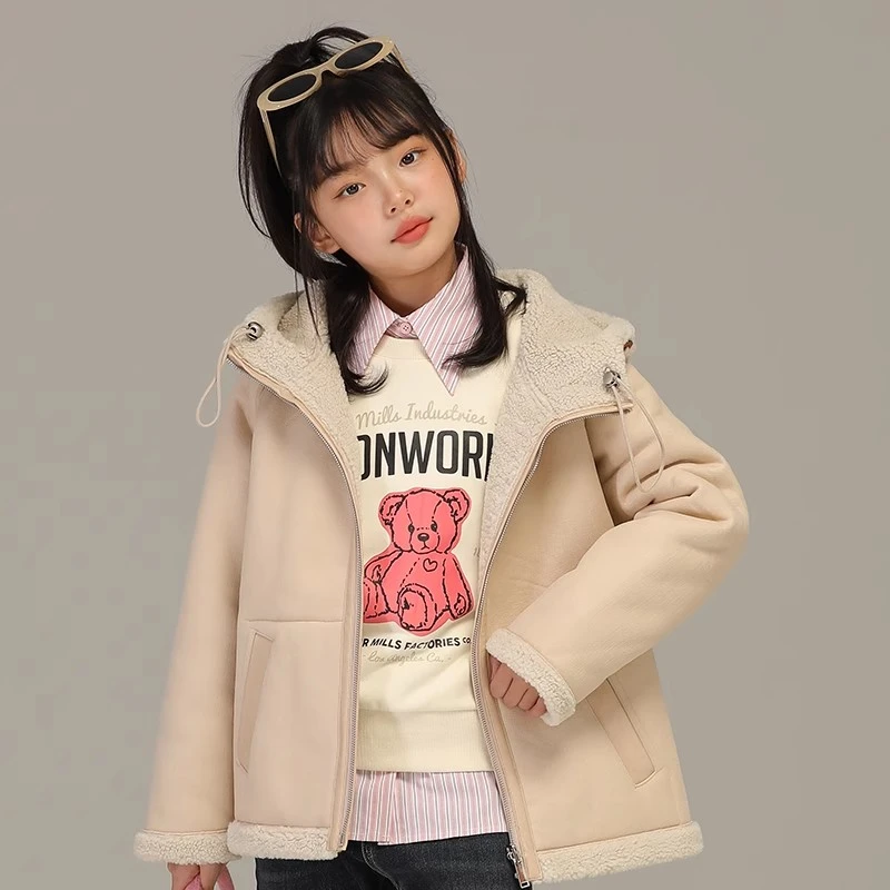 小女森女童冬款加绒加厚双面穿毛毛外套儿童休闲保暖外穿机车服潮