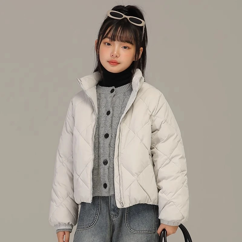 小女森女童冬款菱形格立领羽绒服儿童灰色宽松秋冬保暖白鸭绒外套