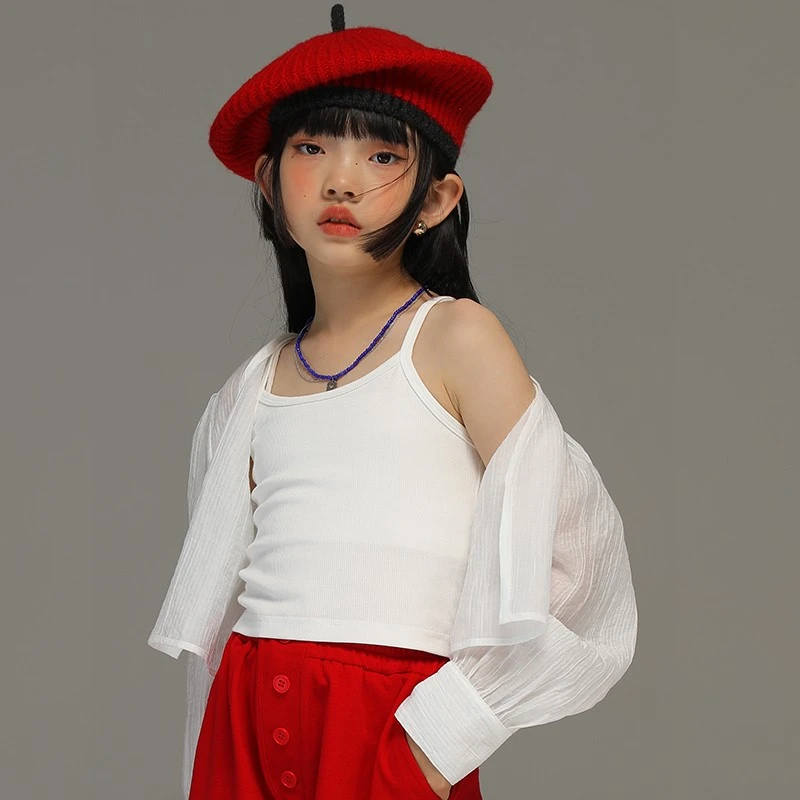 小女森女童背心T恤夏季薄款儿童内搭上衣中大童白色短款打底衫