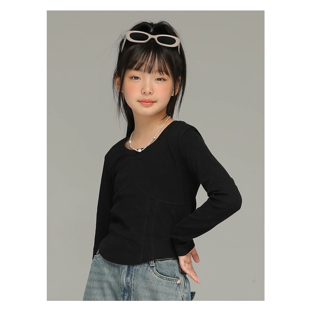 小女森女童春秋纯色显瘦长袖上衣中大童内搭修身气质打底衫短款女