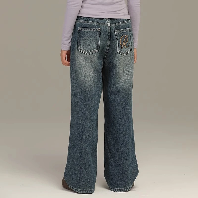 小女森女童冬款加绒裤子复古口袋牛仔裤儿童刺绣外穿秋冬阔腿裤潮