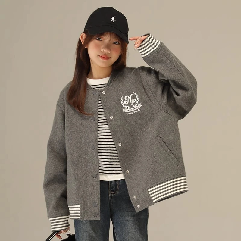 小女森女童春秋美式复古刺绣灰色棒球服中大童高级感立领夹克外套