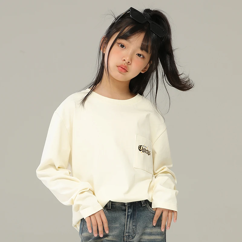 小女森女童春秋美式休闲口袋印花长袖儿童圆领宽松百搭内搭打底衫