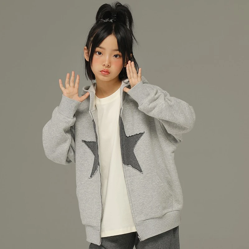 小女森女童外套春秋新款儿童韩版洋气刺绣中大童宽松连帽开衫上衣