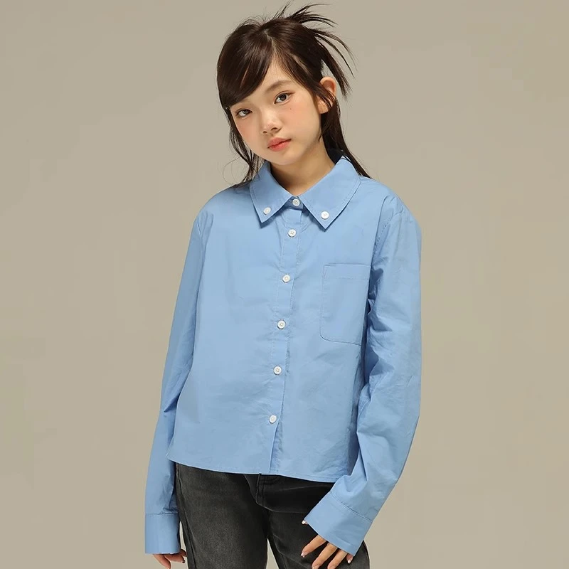 小女森女童春秋洋气基础款学院风蓝衬衫儿童百搭叠穿打底衬衣上衣