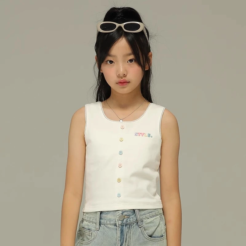 小女森女童夏季薄款撞色纽扣背心中大童花边短款吊带内搭无袖上衣