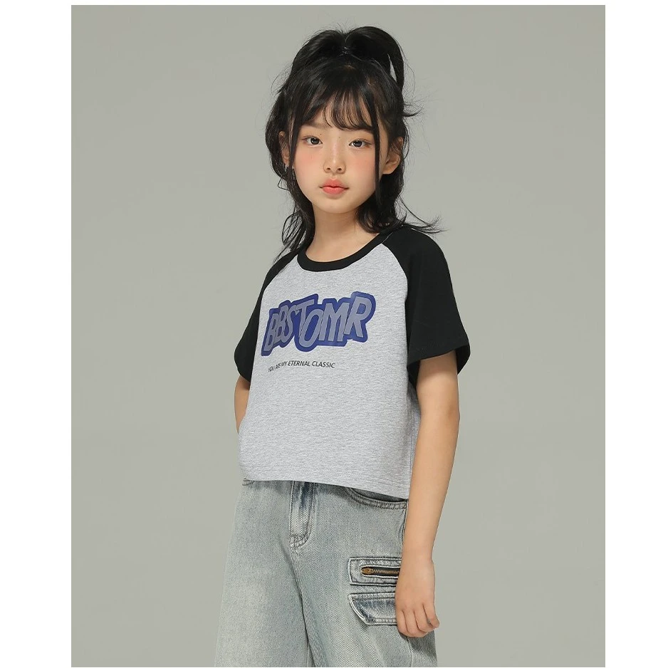 小女森女童夏季薄款插肩T恤童装新款儿童字母印花拼色宽松短