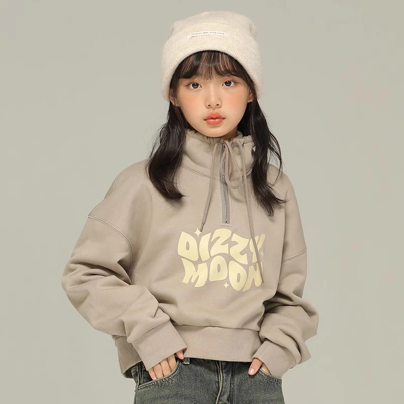 小女森女童秋冬高级灰杏色英文卫衣中大童立领时髦加绒短款上衣女