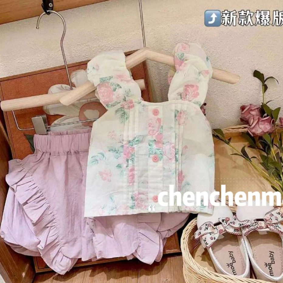 N56夏季新款女宝韩版洋气夏款古碎花无袖吊带上衣+花苞裤女童套装