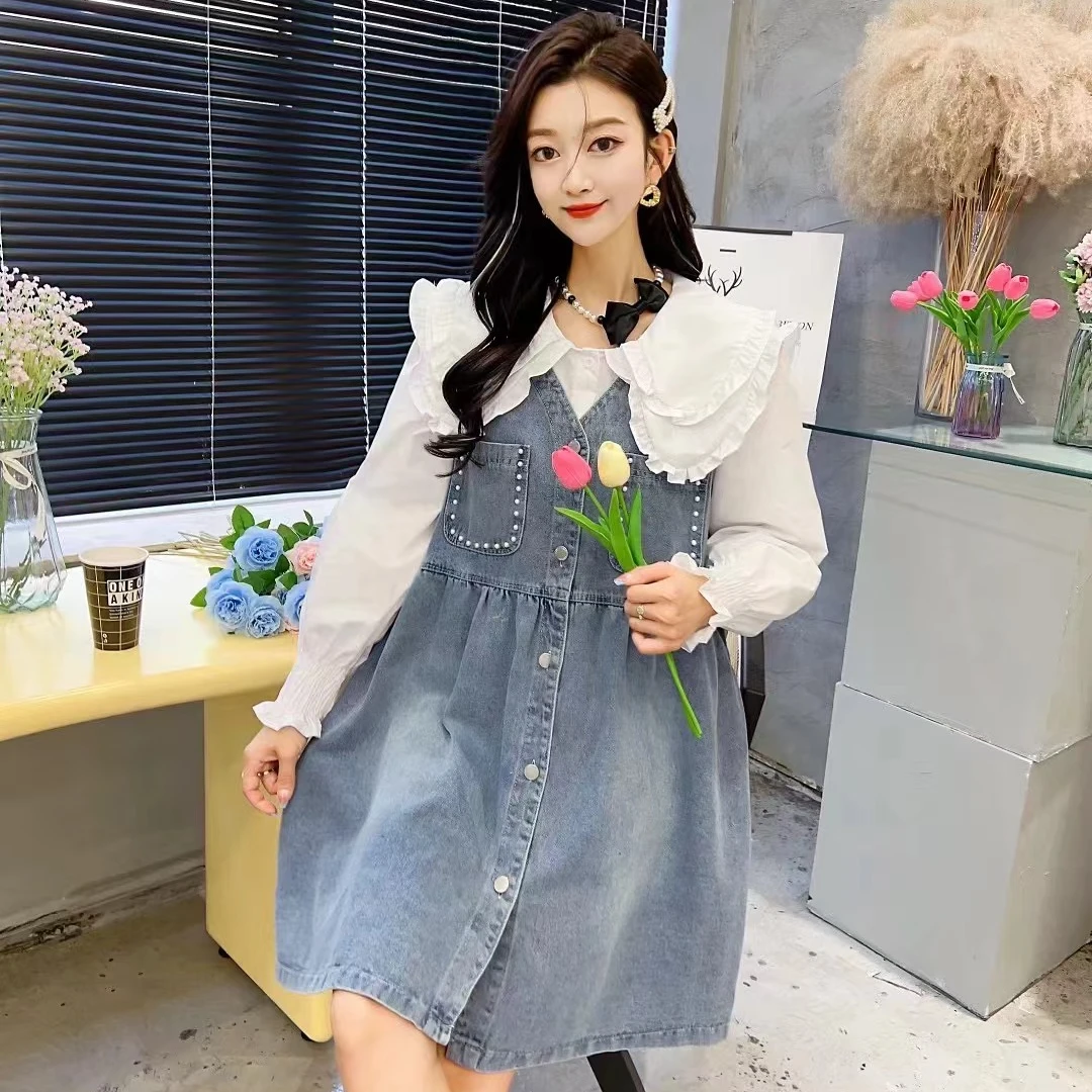 【咚咚家】牛仔裙衬衫套装早秋辛新款丁达尔效应大码女装
