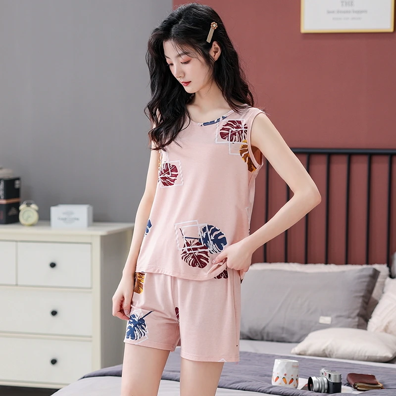 女士夏季背心短裤睡衣莫代尔无袖大码中年妈妈家居服夏天薄款套装