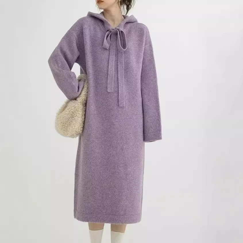 秋冬新款纯色中长款加厚毛衣韩版连帽系带设计温柔纯欲慵懒风女装
