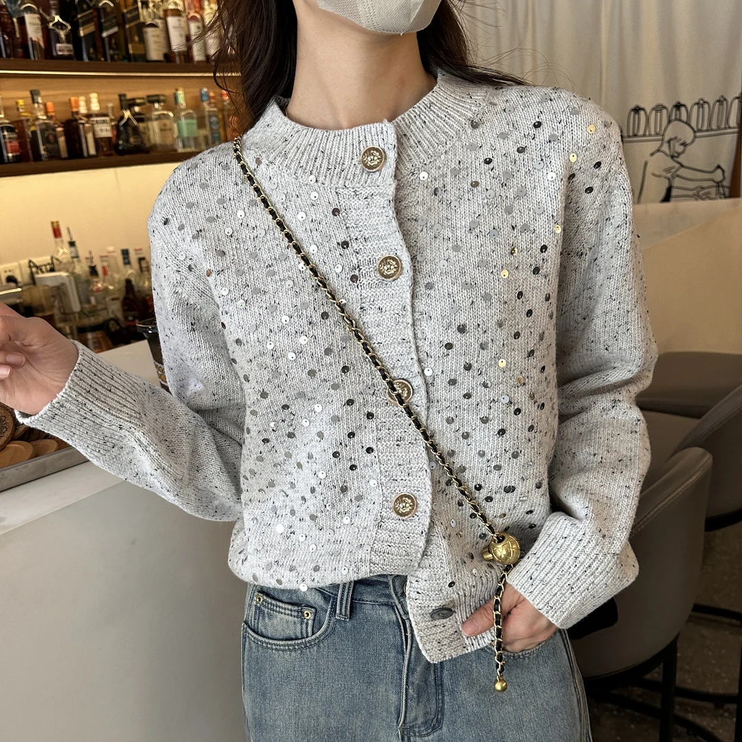 6772时尚慵懒风套头重工加厚短款毛衣女秋冬新款法式亮片针织开衫