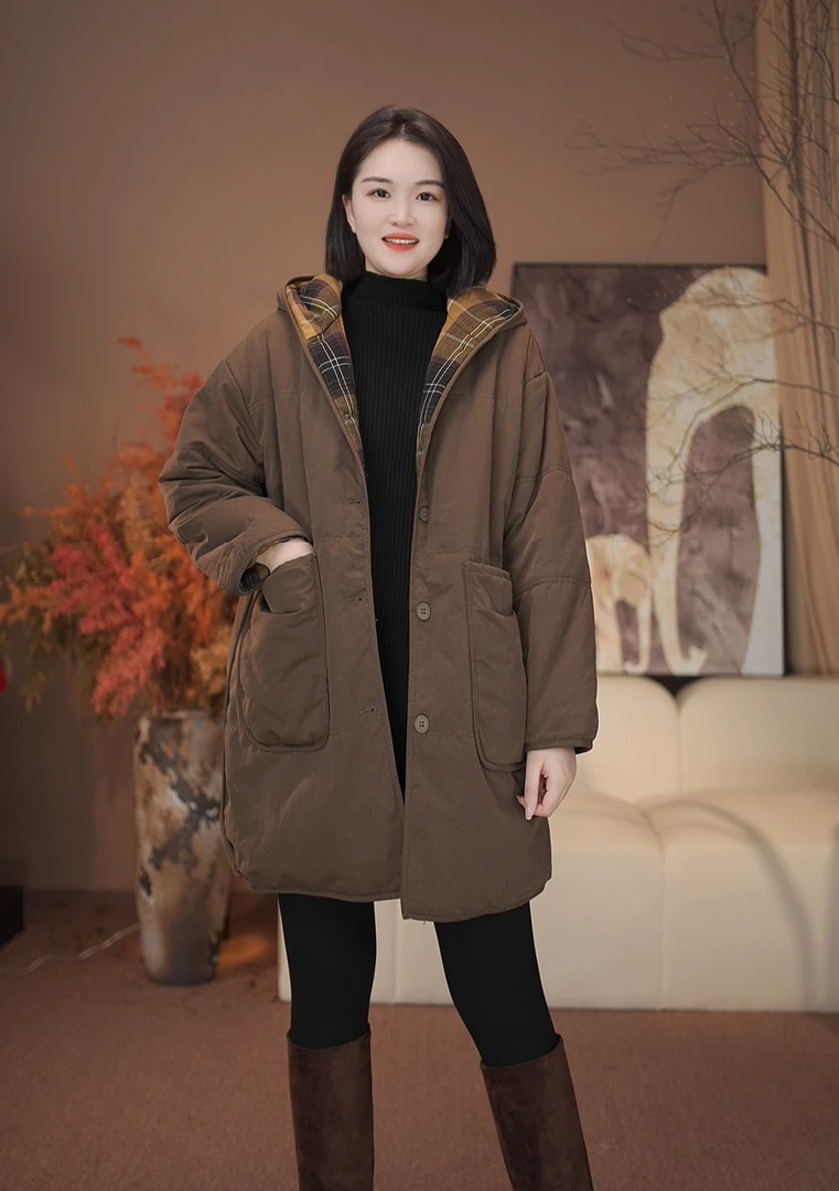 【过冬款】加厚连帽棉服百搭大版韩版中长款女大码棉服外套拼格复古