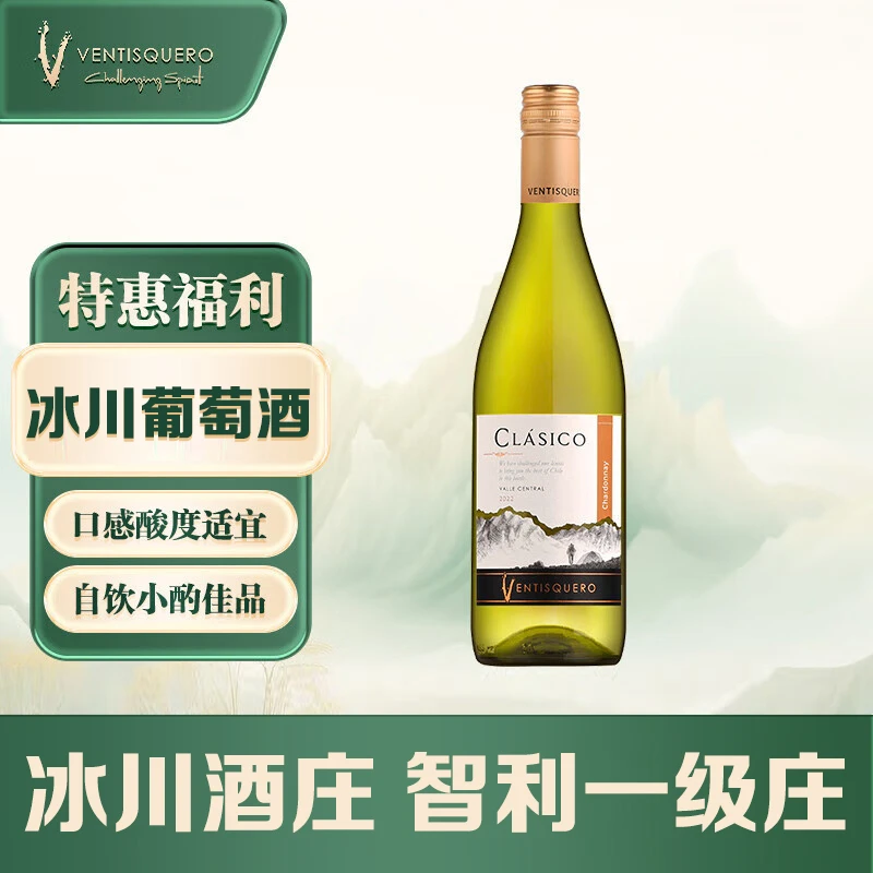 冰川酒庄经典霞多丽干白葡萄酒 750ml 智利红酒单瓶装【观赛搭子】