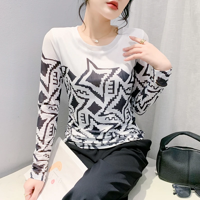 0906-欧货长袖印花上衣网纱t恤女春秋外穿洋气纱衣体恤打底衫内搭