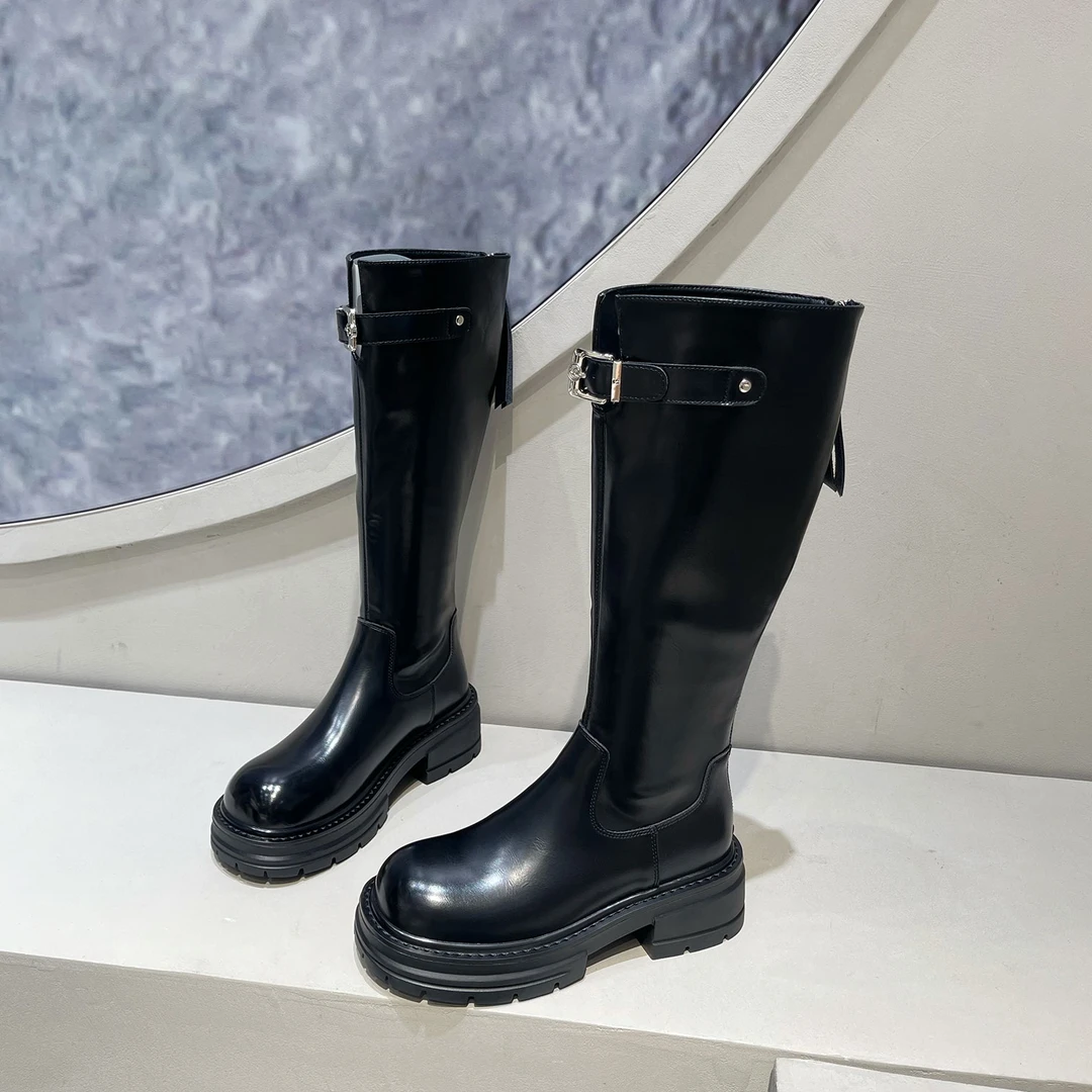 不过膝大筒围长筒靴女2025新款春秋单靴后拉链厚底高筒骑士靴显瘦