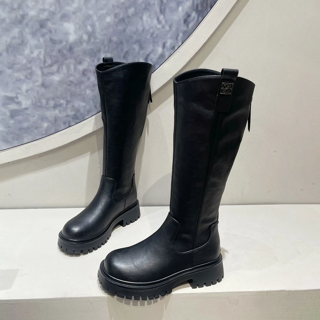 v口厚底长筒靴女2025新款秋冬加绒配裙子小个子不过膝高筒骑士靴
