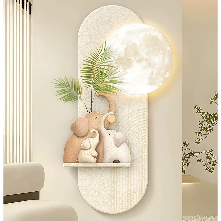 奶油风玄关装饰画大象带灯客厅走廊过道壁灯精雕立体发光创意挂画