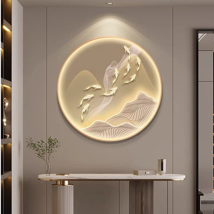 带灯立体圆形装饰画（鱼游金山）轻奢简约晶瓷镶钻工铝合金边框挂画