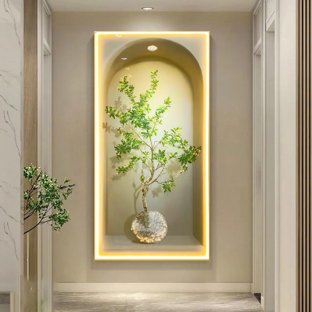 奶油风玄关画带灯光小清新装饰画绿植现代简约治愈感走廊过道挂画