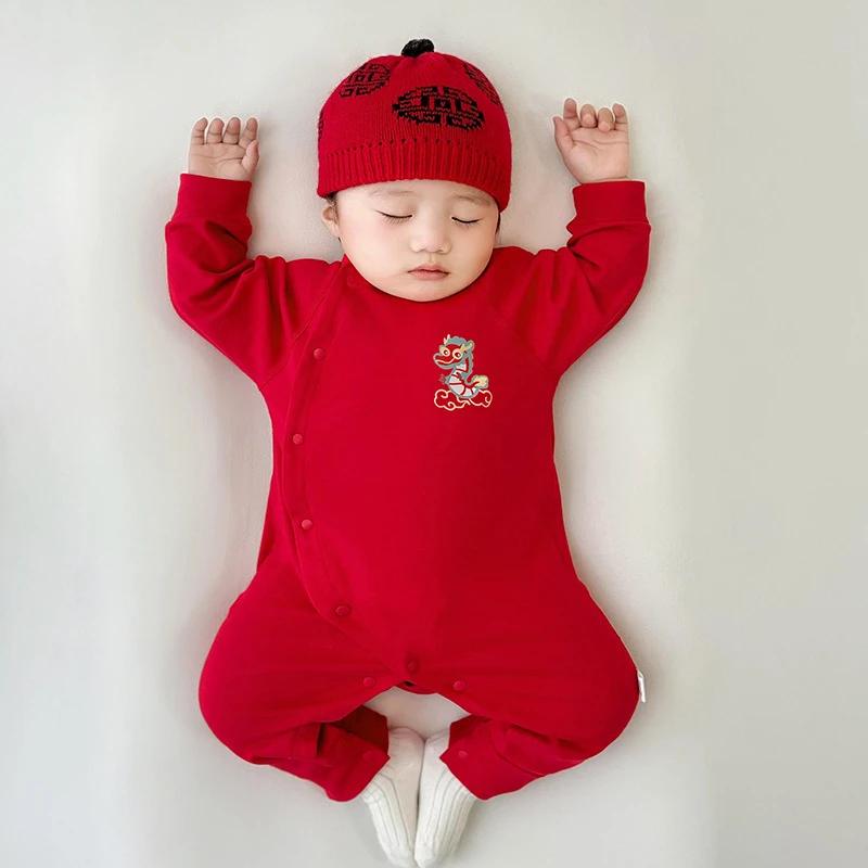 红色婴儿连体衣纯棉满月宝宝睡衣秋冬打底新年新生儿衣服喜庆百天