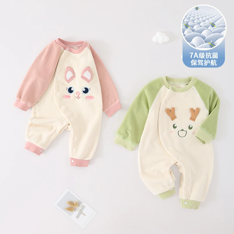 婴儿加绒保暖连体衣偏襟护肚宝宝爬服新生儿满月百天超萌外出哈衣