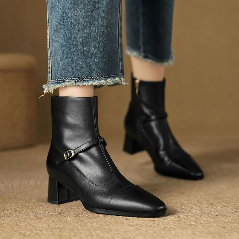 5CM法式粗高跟通勤小短靴真皮百搭皮带扣单靴秋冬搭裙子时装女靴