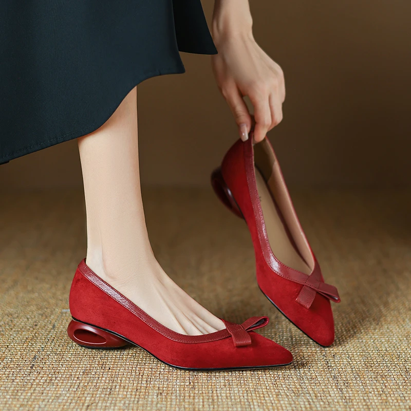 2CM粗跟里外全皮小单鞋红色尖头蝴蝶结女鞋四季可穿拼色平底鞋女