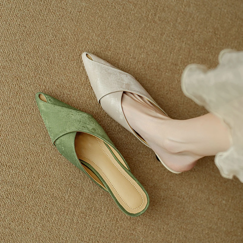 4.5CM新中式国风尖头细跟包头半拖凉鞋女软底软面中跟穆勒拖夏季