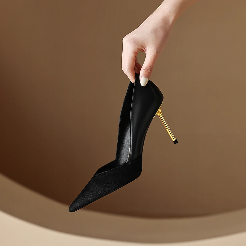 8.5CM小众头层真皮黑色尖头细跟高跟鞋女性感气质春季浅口感单鞋