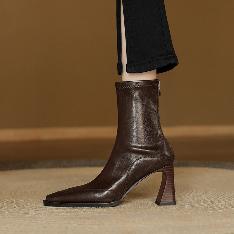 7.5CM秋冬季新款性感高跟弹力短靴棕色加绒瘦瘦靴百搭真皮粗跟靴