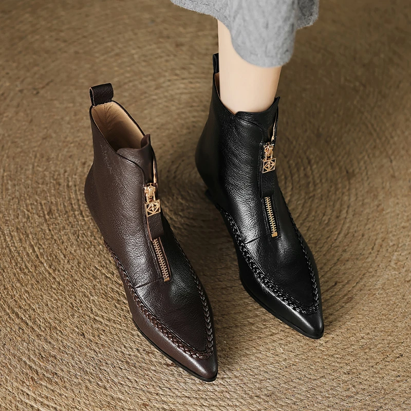 5CM前拉链尖头小短靴女百搭真皮高跟瘦瘦靴秋冬时尚通勤时装女靴