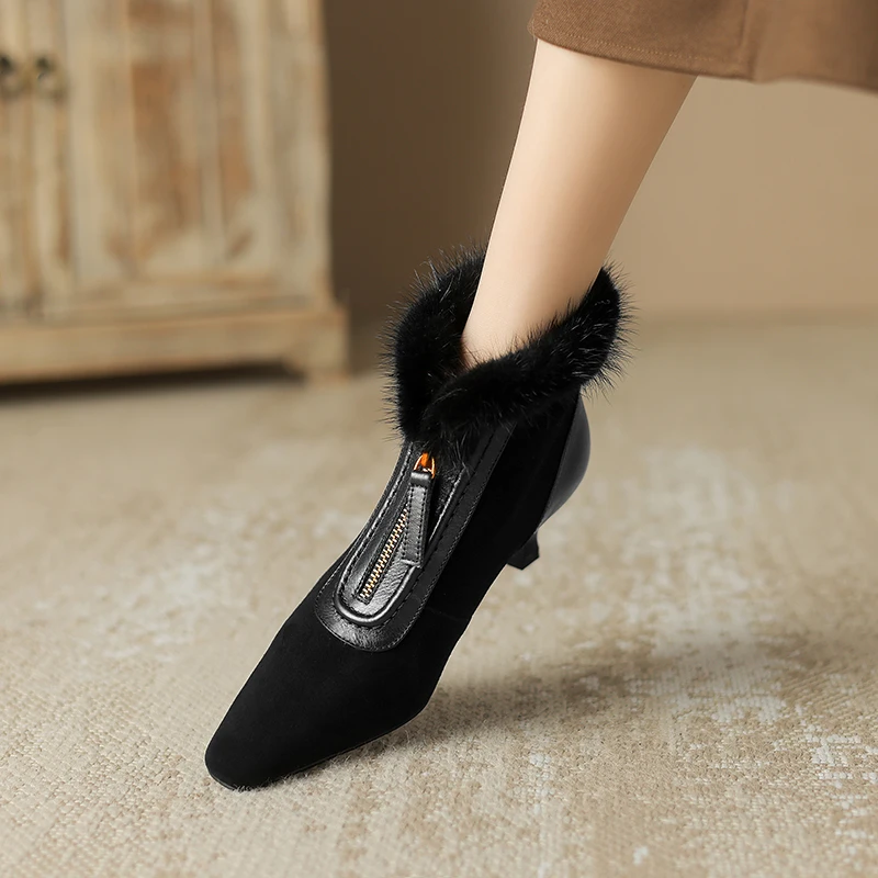 4.5cm羊皮中跟毛毛靴时尚前拉链水貂毛真皮短靴百搭尖头时装靴女