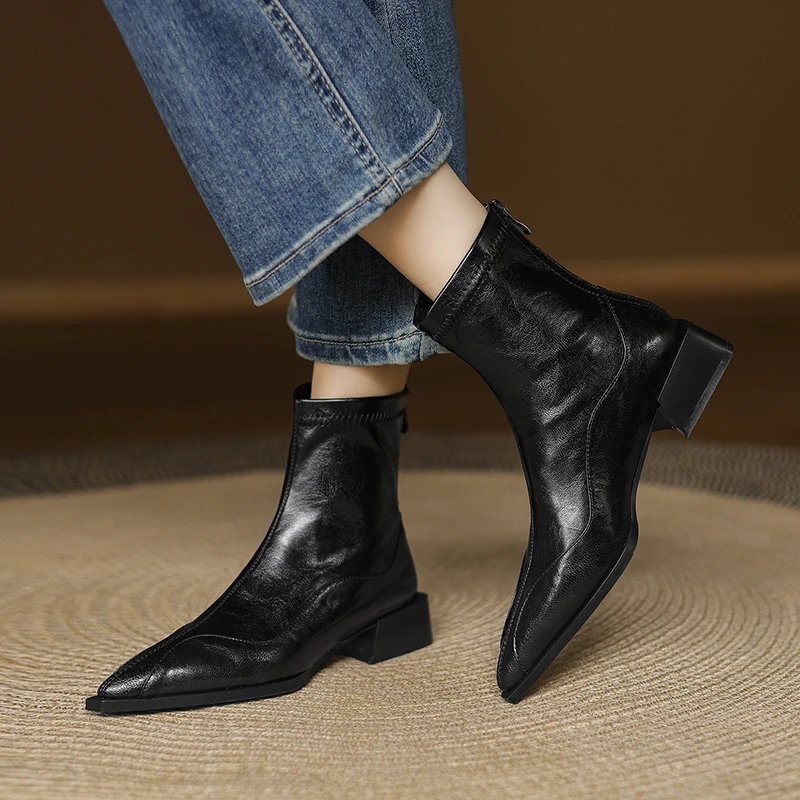 3.5CM粗跟搭裙子弹力短靴秋冬百搭加绒瘦瘦靴复古真皮尖头平底靴