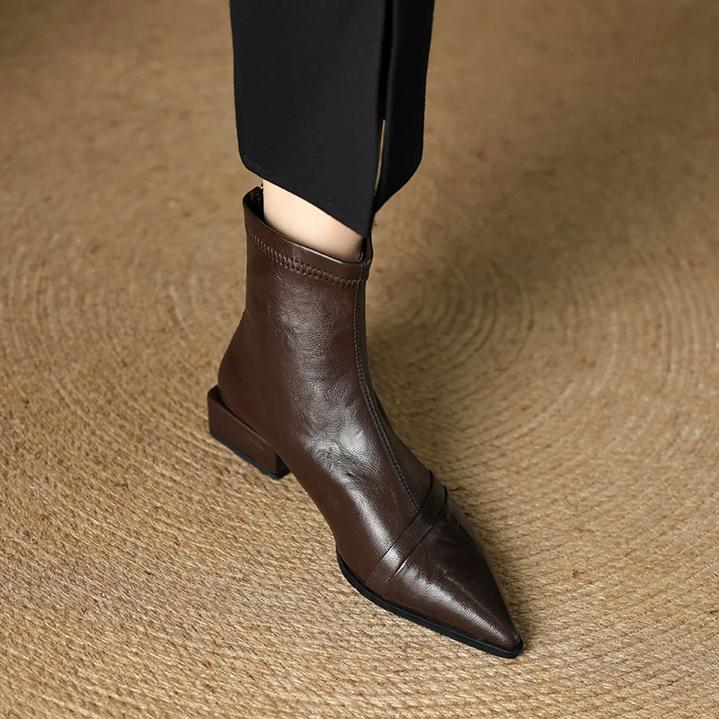 3.5CM韩版粗跟尖头瘦瘦靴百搭棕色加绒短靴秋冬时尚中跟弹力靴女