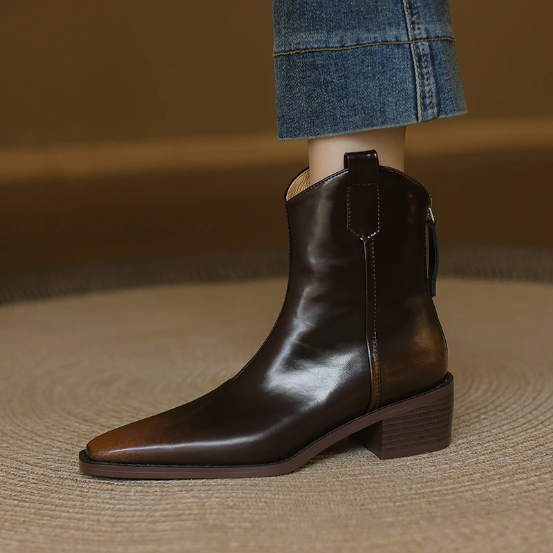4.5CM英伦风方头v口西部靴粗跟真皮棕色加绒短靴秋冬百搭中跟靴子