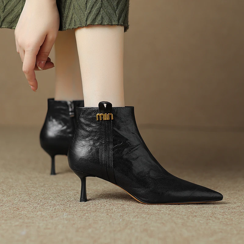 5.5cm头层羊皮黑色尖头细跟短靴女气质高跟秋冬裸靴百搭瘦瘦靴子
