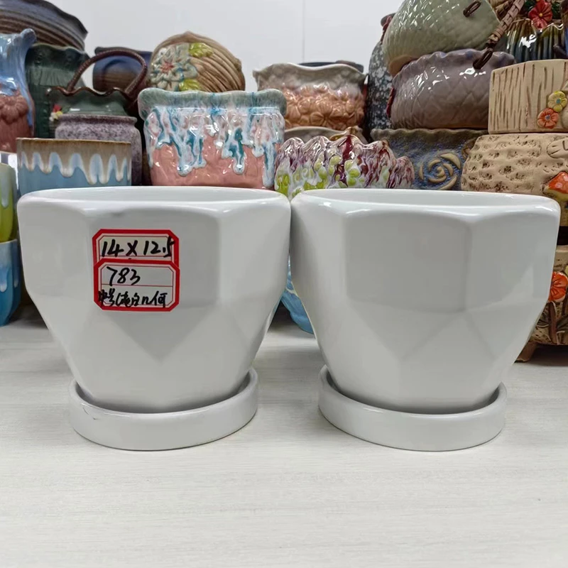 【直播专享】多肉花盆手绘陶瓷拼盘783中号纯白几何2件套
