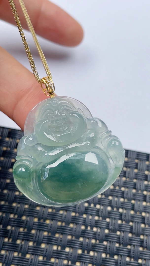 缅甸天然翡翠A货冰飘花佛公吊坠尺寸33.5-34.5-6.3