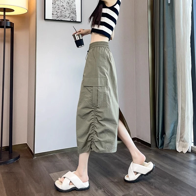 欧美速干工装休闲半身裙女2025春秋新款高腰显瘦开叉半裙褶皱裙子