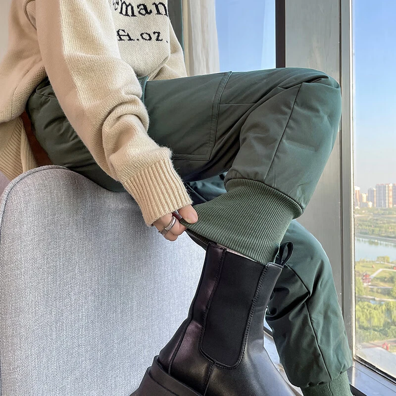 白鸭绒羽绒裤女外穿冬季高腰加绒加厚保暖哈伦工装束脚裤时尚棉裤