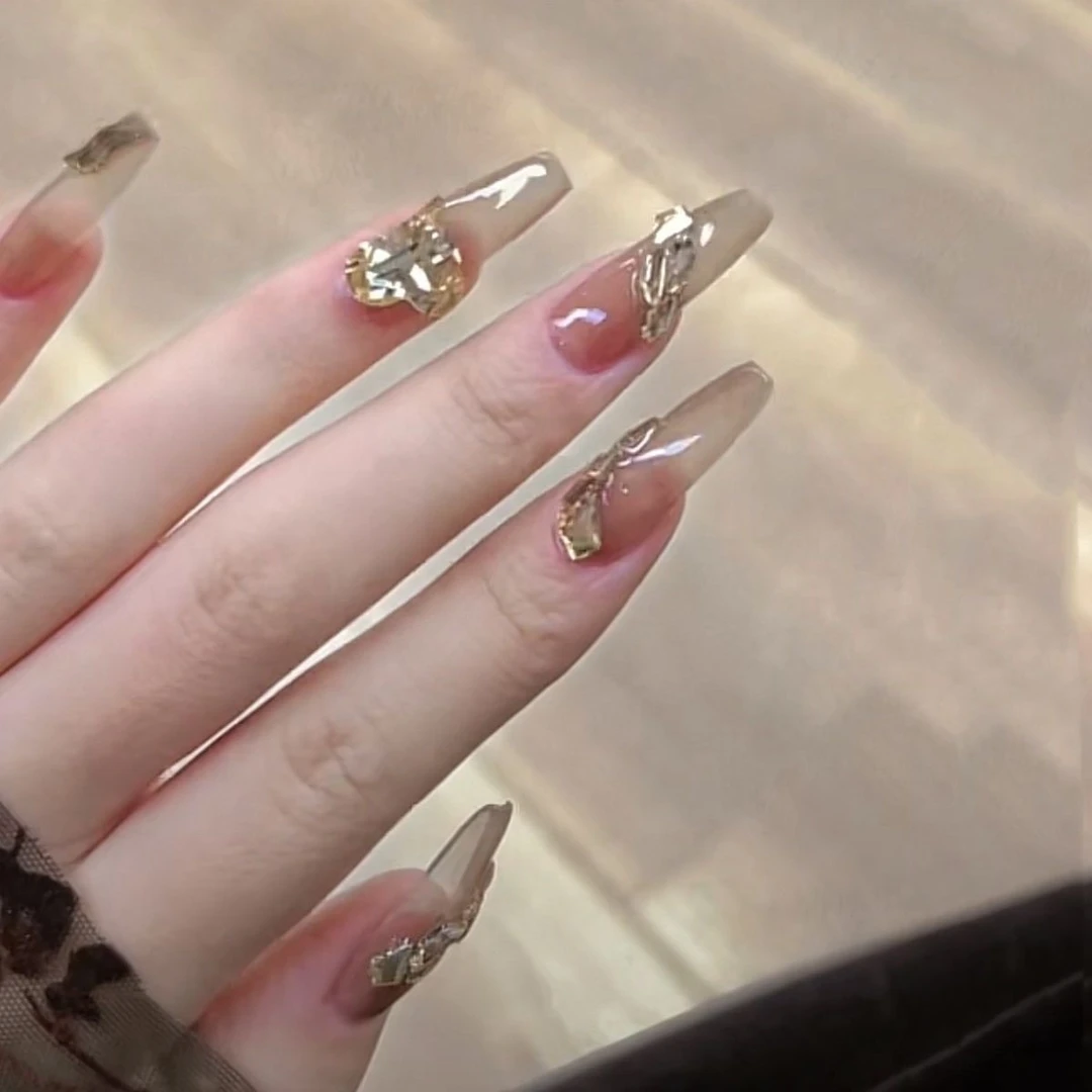 纯手工长款穿戴甲裸色爆闪高级冰透气质美甲贴片新款穿戴甲美甲