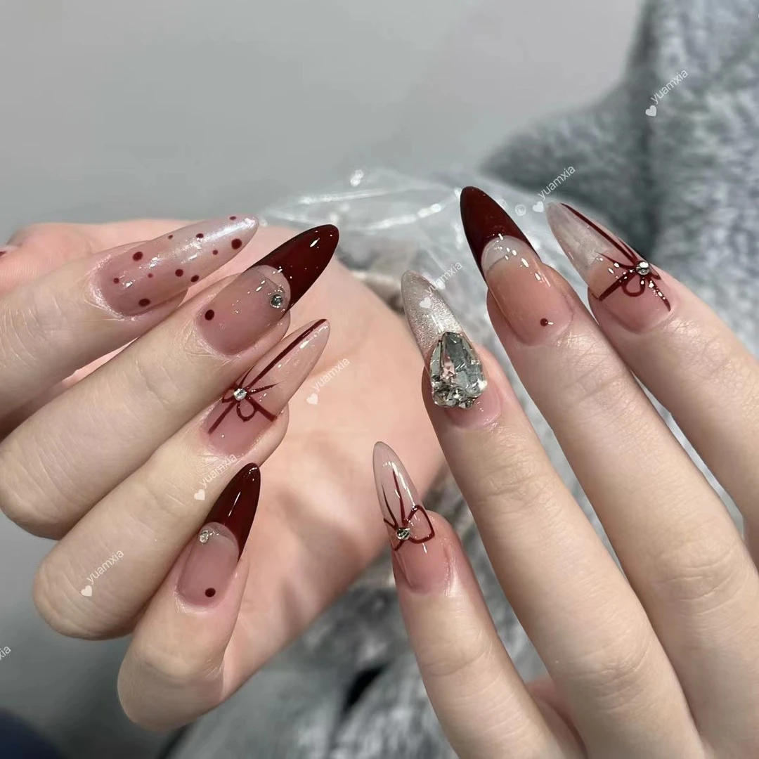 纯手工穿戴甲小红书新款带钻波点梦幻舞会红色法式显白美甲穿戴甲