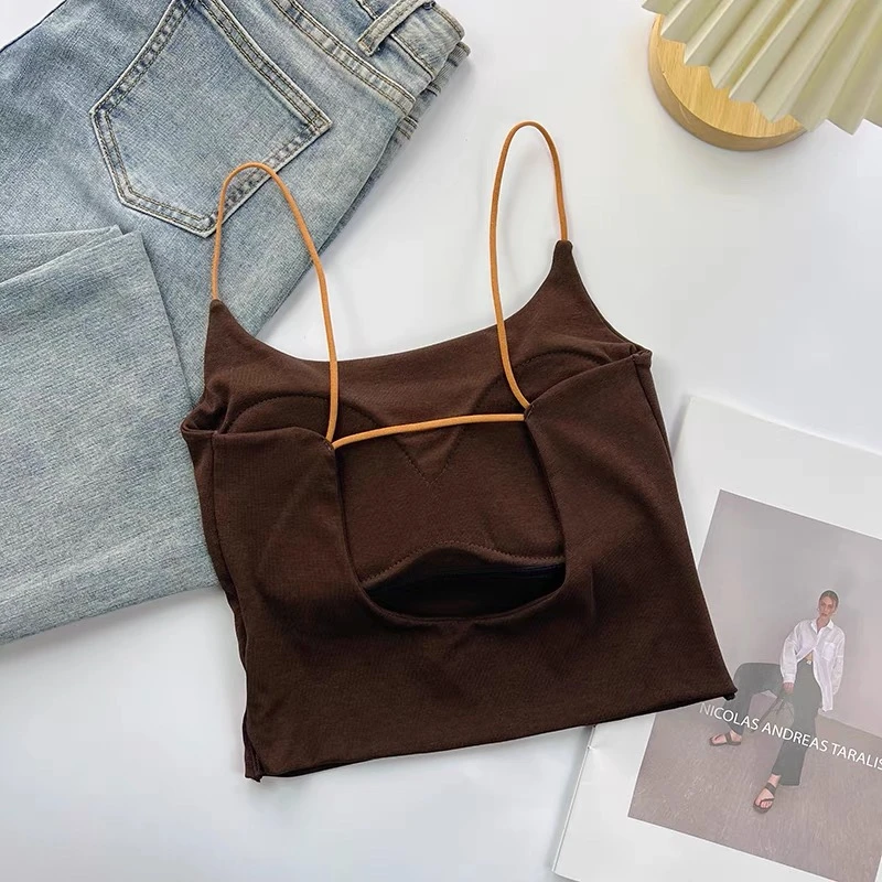 欧货黑色美背百搭显瘦彩色弹力肩带V领背心打底带胸垫上衣女夏季