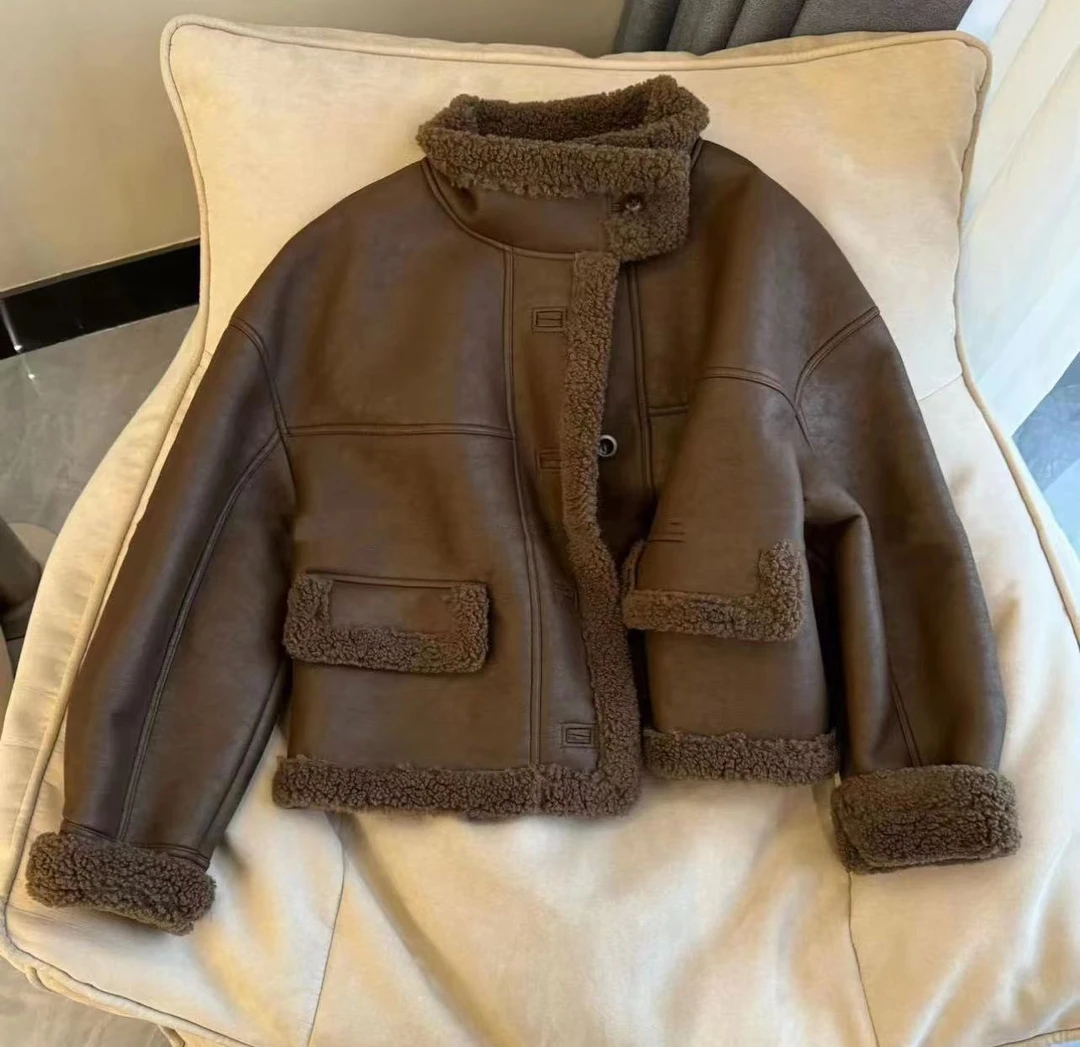 皮毛一体羊羔绒毛毛外套女2023秋冬季新款加厚复古立领短款机车服