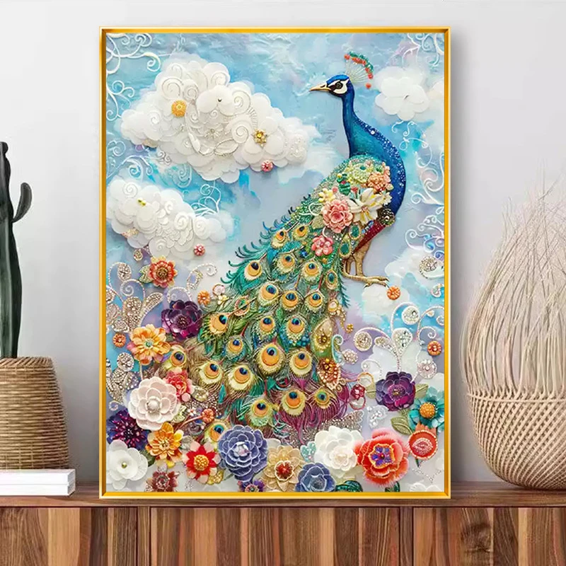 新款七彩富贵孔雀钻石画5D满钻高级感客厅点贴砖贴画十字绣钻石绣