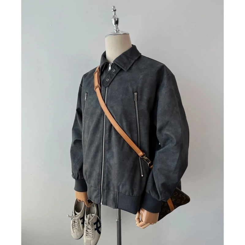 双拉链洗水纹PU皮夹克外套2024秋冬新品潮牌美式街头上衣复古
