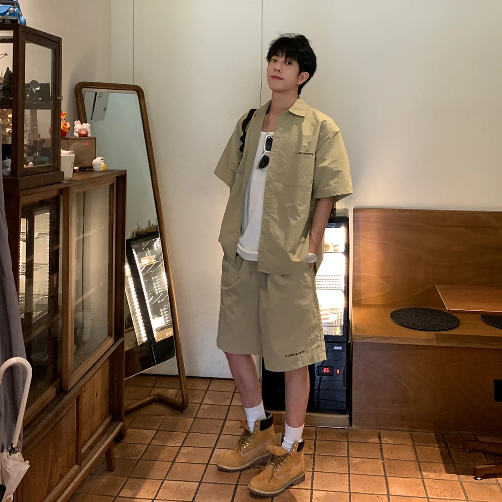 套装男宽松休闲衬衫短裤运动潮流夏季情侣ins百搭帅气痞帅简约潮