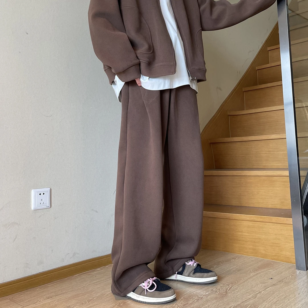 冬季加厚休闲裤纯色宽松直筒垂感百搭潮牌ins港风拖地长裤保暖潮